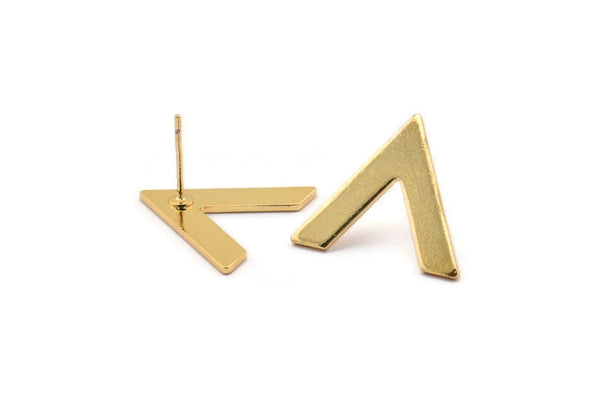 Gold Earring, 2 Gold Plated Brass V Shaped Stud Earrings (22x18x1mm) M01243 A2289
