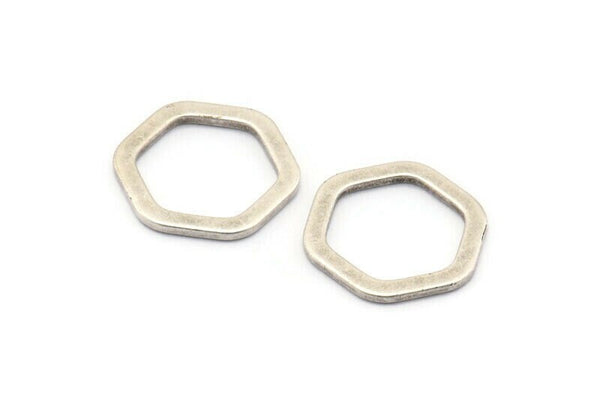 Gümüş Altıgen Charm, 12 Antik Gümüş Kaplama Pirinç Altıgen Halka (16x2x1,2 mm) D083 H0030