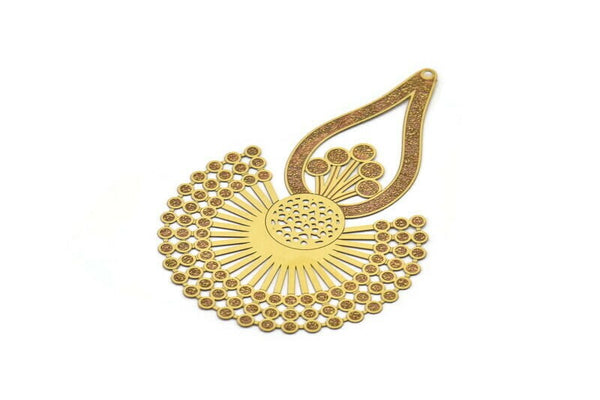 Brass Earring Charm ,4 Raw Brass Ethnic Motif Earring Charms With 1 Hole Pendants, Findings (75x51mm) E499