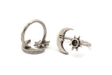 Silver Ring Settings, 2 Antique Silver Plated Brass Moon And Sun Ring With 1 Stone Setting - Pad Size 4mm N1497