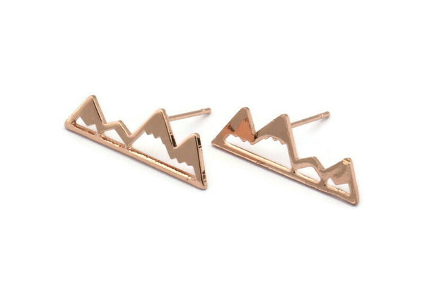 Rose Gold Mountain Earring, 6 Rose Gold Plated Brass Mountain Shaped Stud Earrings (22x7x1mm) D0827 A1214 Q1082