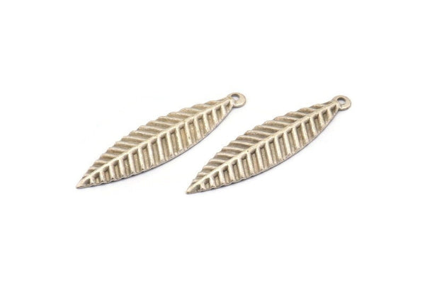 Silver Leaf Charm, 12 Antique Silver Plated Brass Leaf Charms With 1 Loop, Pendant, Findings (35x8mm) Brs 409 A0170 H0630