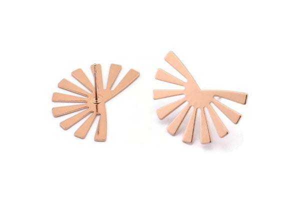 Rose Gold Sun Earring, 4 Rose Gold Plated Brass Rising Sun Flag Stud Earrings (25x17x0.60mm) D945 A1244 Q0487