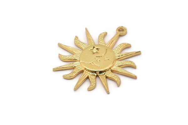 Gold Sun Charm, Gold Plated Brass Sun Charms With 1 Loop, Findings (29x2mm) N1516