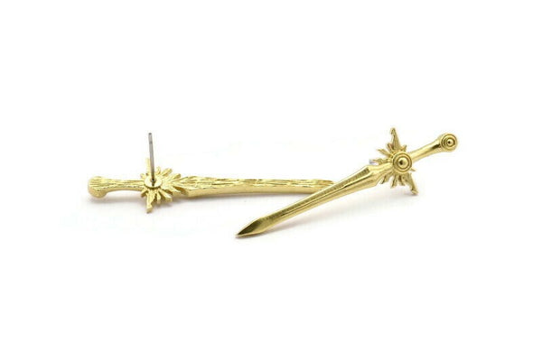 Brass Sword Earring, 4 Raw Brass Sword Stud Earrings (43x12mm) N1624