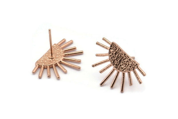 Rose Gold Sun Earring, 4 Rose Gold Plated Brass Sunshine Stud Earrings (21x14mm) N0711 Q0725