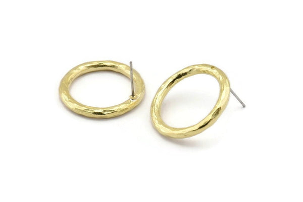 Brass Ring Earring, 2 Hammered Raw Brass Ring Stud Earrings (24x3mm) N1502 A2391