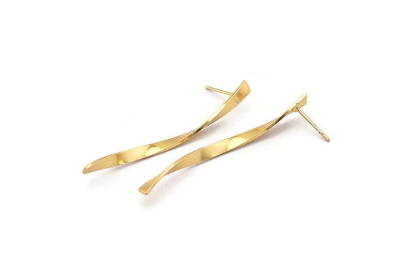 Gold Twisted Earring, 4 Gold Plated Brass Twisted Stick Stud Earrings (50x3x0.80mm) N0692