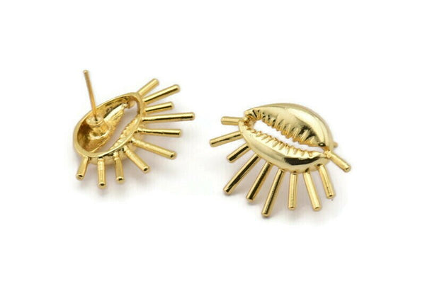Gold Shell Earring, 2 Gold Plated Brass Cowrie Shell Stud Earrings, Findings (26x20mm) N1007 Q0963