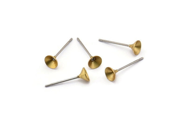Stainless Steel Post, 100 Stainless Steel Earring Posts With Raw Brass 5mm Cup,bowl Pad, Ear Stud Bs 1245