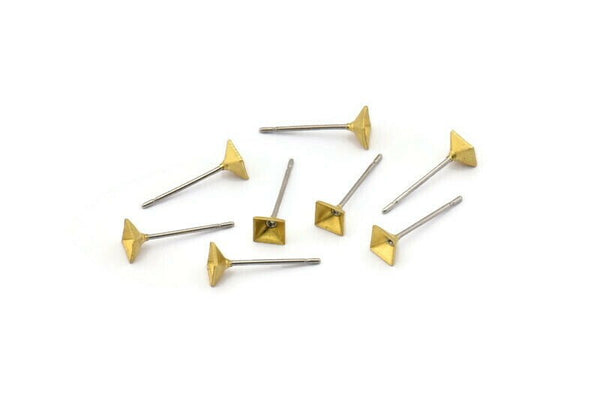 Stainless Steel Post, 50 Stainless Steel Earring Posts With Raw Brass 4x4mm Pyramid Pad, Ear Studs Bs 1248