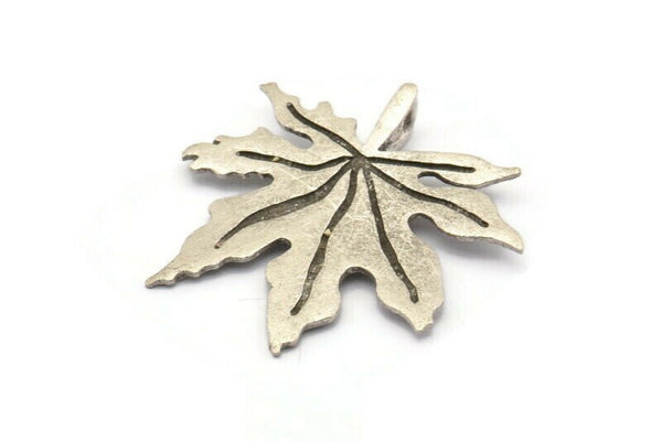 Silver Leaf Pendant, 2 Antique Silver Plated Brass Leaf Pendants With 1 Loop, Charms (37x1mm) V114