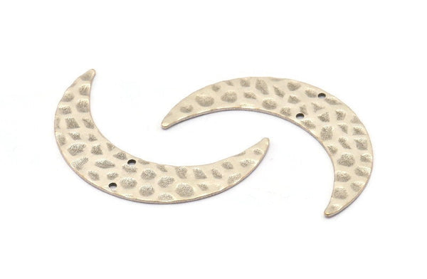 Silver Moon Charm, 4 Hammered Antique Silver Plated Brass Horn Charms With 2 Holes, Findings, Connectors (42x10x0.80mm) D1088