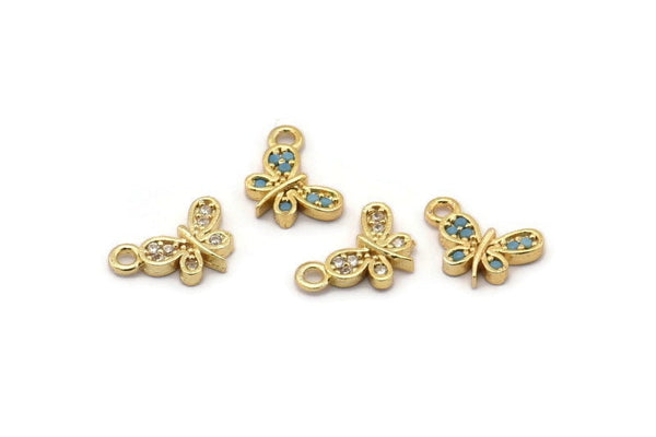Gold Butterfly Charm, 4 Gold Plated Butterfly, Cubic Zircon, CZ Pave Butterfly Charm, Zircon Charm Pendants (7x11mm) SY0002
