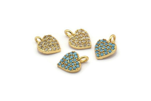 Gold Heart Charm, 4 Gold Plated Heart, Cubic Zircon, CZ Pave Heart Charm, Zircone Charm Pendants (8x11mm) SY0004