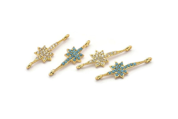 Gold Star Charm, 4 Gold Plated North Star, Cubic Zircon, CZ Pave North Star Charm, Zircon Charm Pendants (28x6mm) SY0007