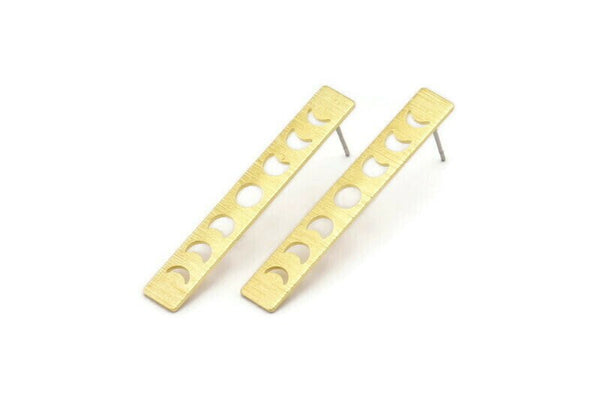 Brass Rectangle Earring, 8 Textured Raw Brass Moon Phases Stud Earrings (40x6x0.80mm) M01483 A2397