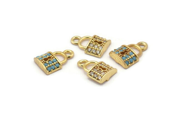 Gold Lock Charm, 4 Gold Plated Lock, Cubic Zircon, CZ Pave Lock Charm, Zircon Charm Pendants (7x10mm) SY0019
