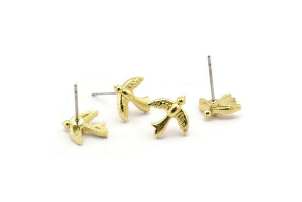 Brass Bird Earring, 8 Raw Brass Bird Stud Earrings (12x12x2mm) N1637