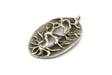 Silver Oval Charm, 2 Antique Silver Plated Brass Tree Root Pendants With 1 Loop (37x23mm) V115