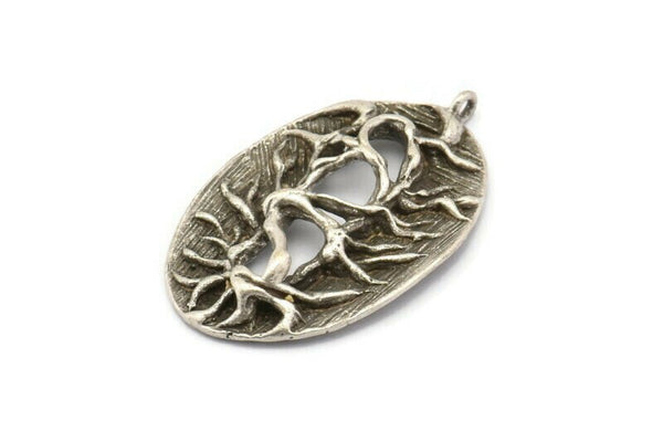 Silver Oval Charm, 2 Antique Silver Plated Brass Tree Root Pendants With 1 Loop (37x23mm) V115