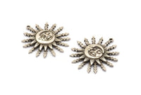 Silver Sun Charm, Antique Silver Plated Brass Sun Pendants With 1 Loop (30x28x1.2mm) N1578 H1580