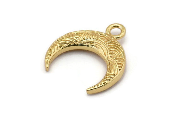 Gold Moon Charm, 2 Gold Plated Brass Textured Horn Charms With 1 Loop, Pendant, Jewelry Finding (19x6x4mm) N0271 Q0383