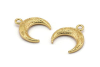 Gold Moon Charm, 2 Gold Plated Brass Textured Horn Charms With 1 Loop, Pendant, Jewelry Finding (19x6x4mm) N0271 Q0383
