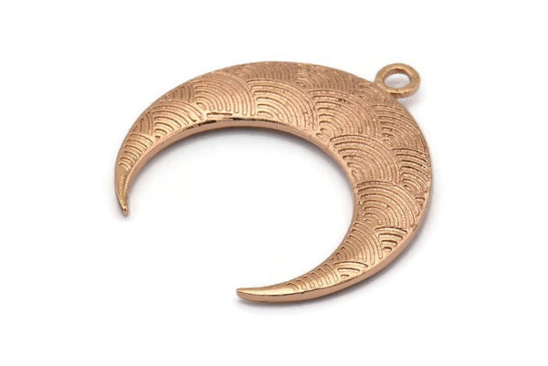 Rose Gold Moon Charm, 1 Rose Gold Plated Textured Horn Charms, Pendant, Jewelry Finding (36x10.80x3.40mm) N0236