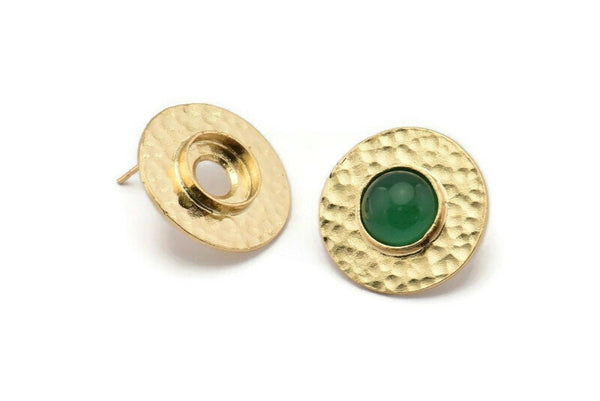 Gold Round Earring, 2 Gold Plated Brass Hammered Round Earring Posts With 1 Pad, Findings (22x3mm) E273