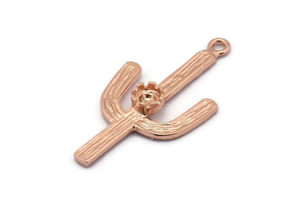 Cactus with Glass Setting, 2 Rose Gold Plated Brass Cactus Charms with 4mm Stone Setting, Jewelry Supplies, Findings (37x18mm) N0228 Q0085
