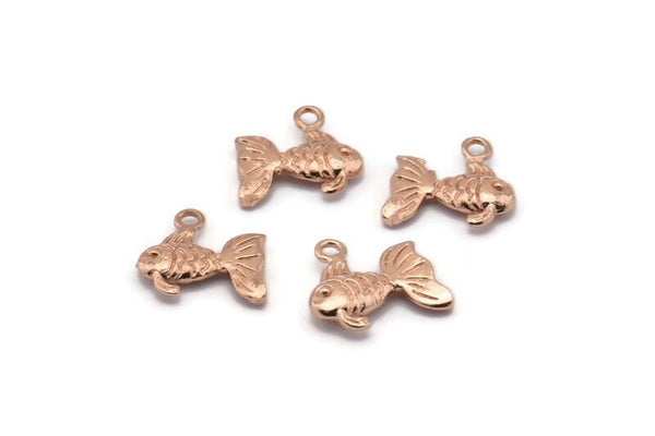 Rose Gold Fish Charm, 6 Rose Gold Pladet Brass Fish Pendants, Jewelry Supplies, Findings (12x10mm) N0365