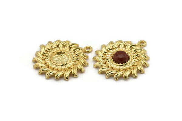 Gold Sunflower Charm, Gold Plated Brass Flower Charm Earrings With 1 Loop, Pendants, Earrings (25mm) N0808 Q0812