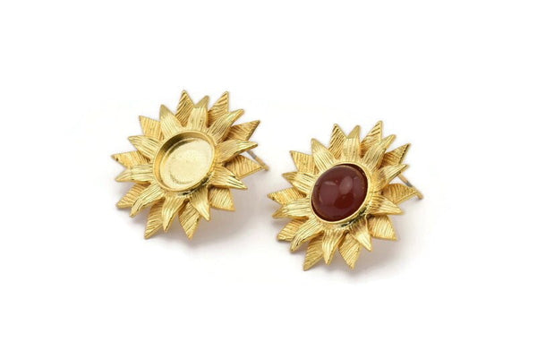 Gold Sunflower Earring, 2 Gold Plated Brass Flower Stud Earrings - Pad Size 10mm N0702 Q0818