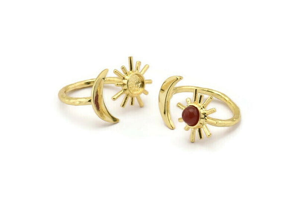 Gold Ring Settings, 2 Gold Plated Brass Moon And Sun Ring With 1 Stone Setting - Pad Size 5mm N1021 Q0955