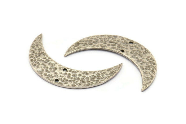 Antique Silver Hammered Moon Pendant, 2 Antique Silver Plated Brass Hammered Moons with 2 Holes (44x12mm) N0389 H0039