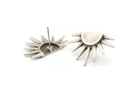 Silver Sun Earring, 2 Antique Silver Plated Brass Sunshine Stud Earrings (19x29mm) N0963 H0100