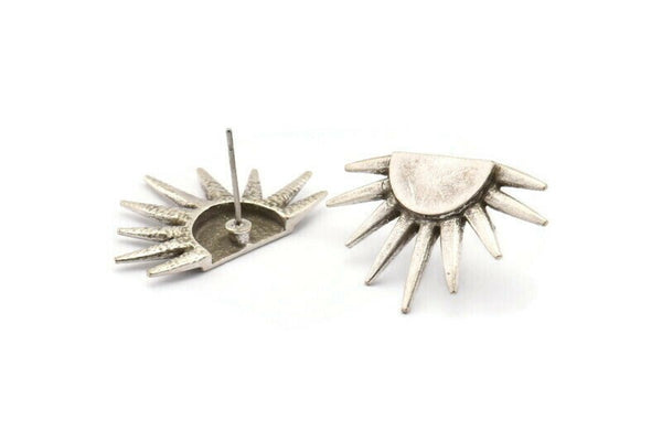 Silver Sun Earring, 2 Antique Silver Plated Brass Sunshine Stud Earrings (19x29mm) N0963 H0100