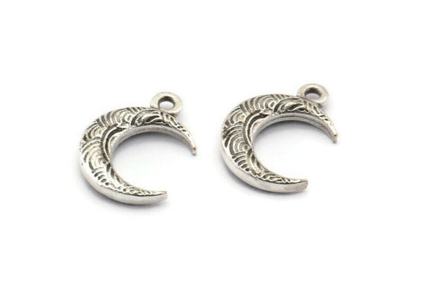 Gümüş Hilal Kolye, 12 Antik Gümüş Kaplamalı Pirinç Dokulu Boynuz Tılsımı, Kolye, Mücevher Parçası (12x3.50x3mm) N0304