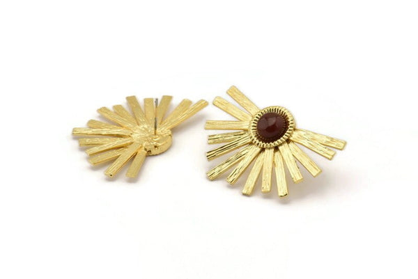Gold Sunshine Earring, 2 Gold Plated Brass Sunshine Badge Stud Earrings - Pad Size 8mm (40x26mm) N0770 Q0804