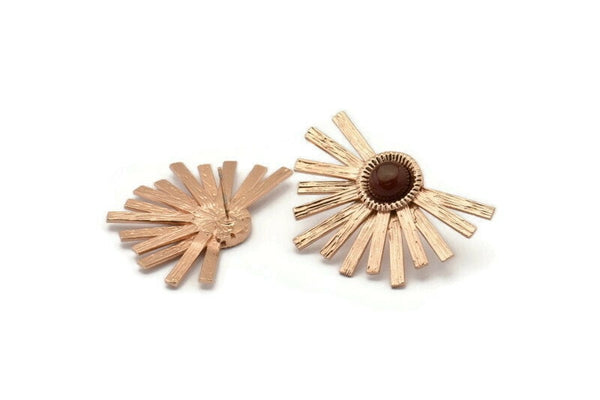 Rose Gold Sunshine Earring, 2 Rose Gold Plated Brass Sunshine Badge Stud Earrings - Pad Size 8mm (40x26mm) N0770 Q0804