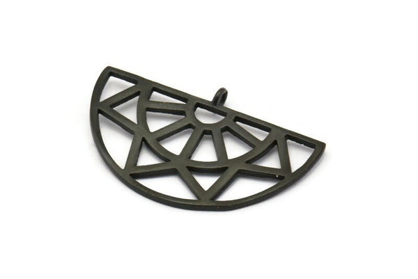 Black Ethnic Pendant, 2 Oxidized Black Brass Semi Circle Pendants with 1 Loop (37x23x1mm) V041