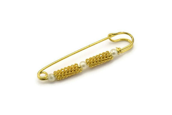 Safety Pins With Bead, 2 Vintage Raw Brass Safety Pins With Beads (46x11mm) L-12