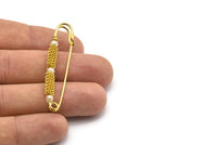 Safety Pins With Bead, 2 Vintage Raw Brass Safety Pins With Beads (46x11mm) L-12