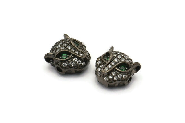 Black Leopard Pendant, 1 Gunmetal Leopard Head Beads, CZ Micro Pave Bead 11mm  L02   B-3