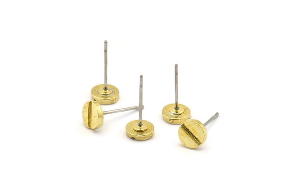Brass Round Earring, 24 Raw Brass Screw Shape Round Earring Studs (6x1.2mm) N1652