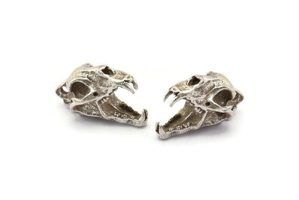 Silver Tiger Skull, Antique Silver Plated Brass Tiger Skull Pendant, (22x13x13mm) N0482 H1090