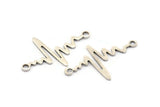 Silver Heart Rhythm Connector, 8 Antique Silver Plated Brass Heart Rhythm Shaped Connectors With 2 Loops (37.5x24x1mm) E067