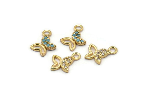 Gold Butterfly Charm, 4 Gold Plated Butterfly, Cubic Zircon, CZ Pave Butterfly Charm, Zircon Charm Pendants (9x10mm) SY0001