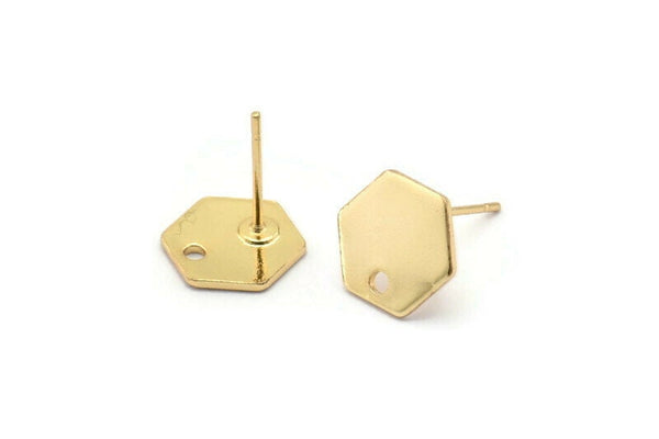 Gold Hexagon Earring, 6 Gold Plated Brass Hexagon Stud Earrings With 1 Hole (10x0.8mm) E173 A1776